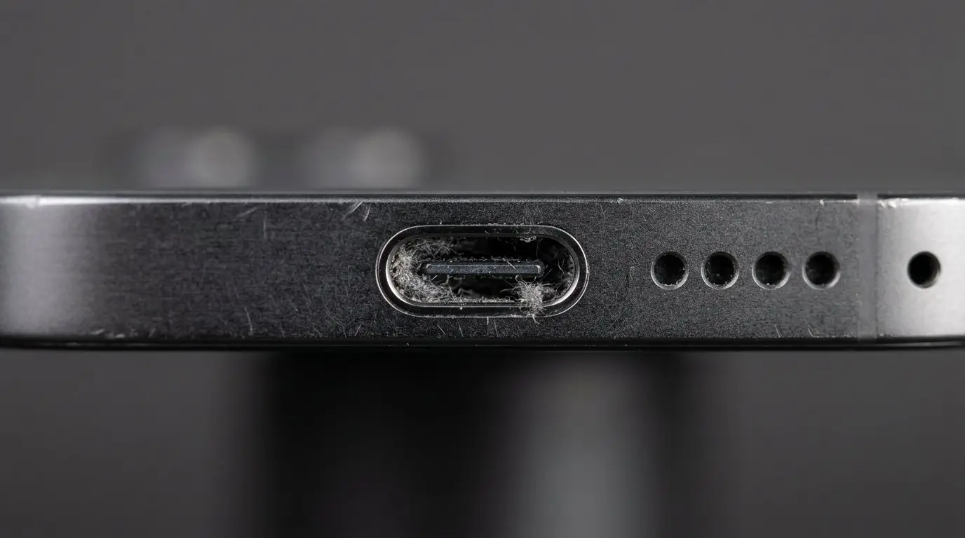 Macrofoto van de onderkant van een smartphone met samengeperst grijs pluis zichtbaar in de USB-C-laadpoort, naast het speakerrooster