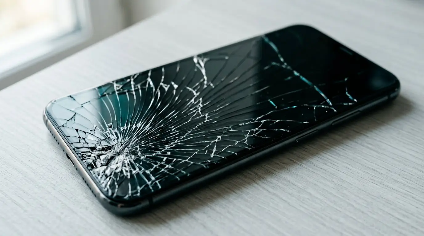 Smartphone met een zwaar gebarsten scherm op een lichte tafel