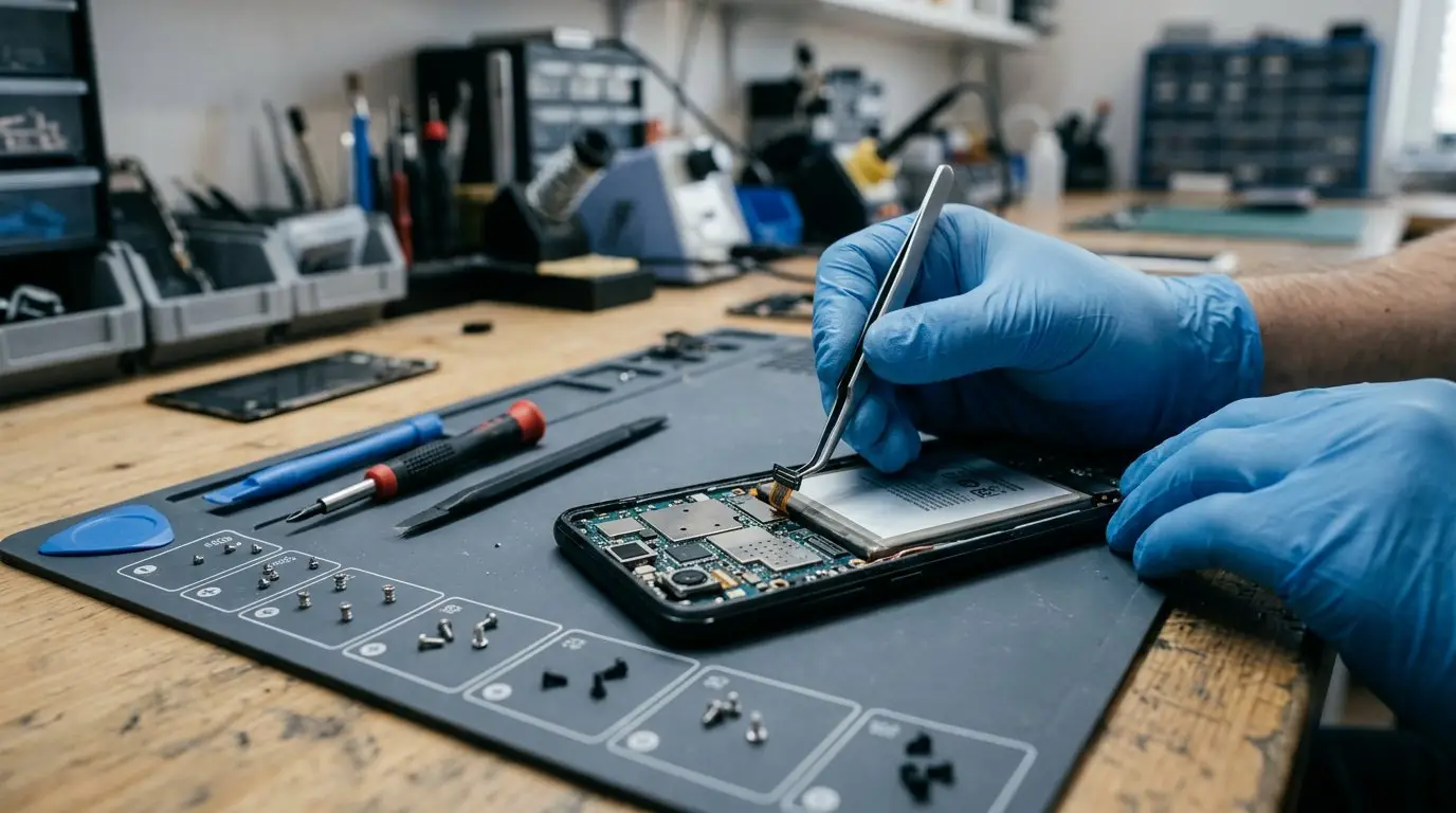 Reparateur met blauwe handschoenen maakt met een pincet een accukabel los in een geopende smartphone op een werkbank