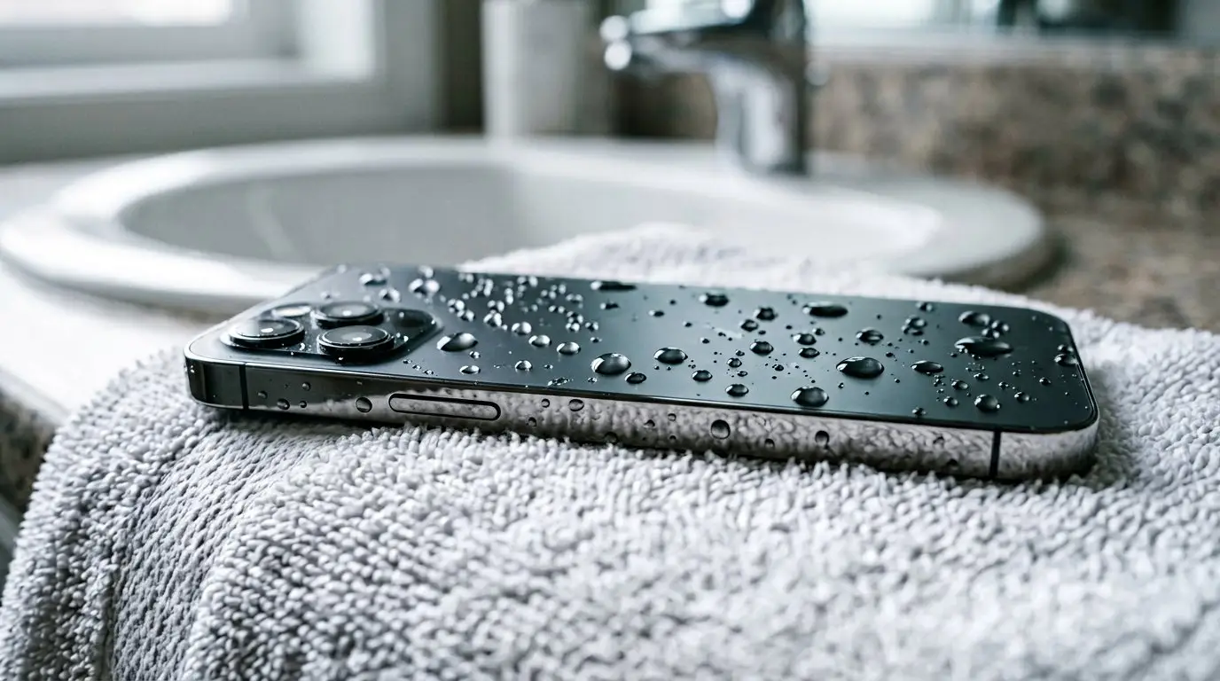 Natte smartphone met waterdruppels op de achterkant, liggend op een droge handdoek naast een wastafel